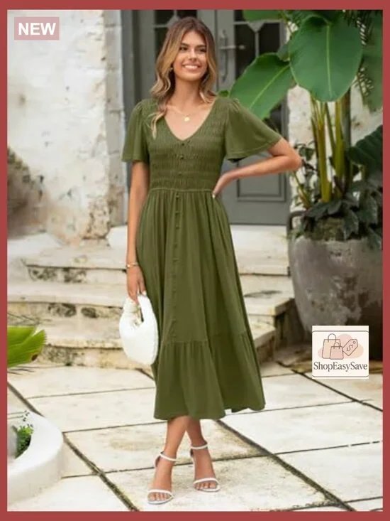 Boho Maxi Dress with Pockets Smocked Waist Flowy Tiered Summer Casual - Picture 3 of 7